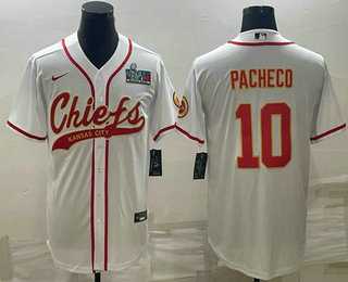 Men%27s Kansas City Chiefs #10 Isiah Pacheco White With Super Bowl LVII Patch Cool Base Stitched Baseball Jersey